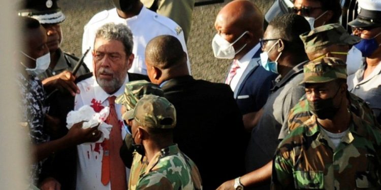 Caribbean nation PM hit in head at COVID-19 protest