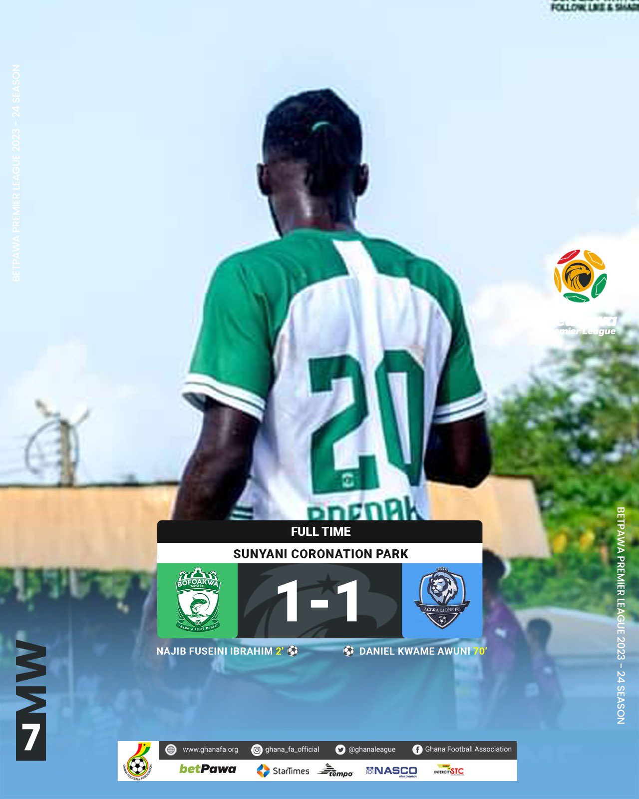 2023/24 GPL: Awuni second half strike earns Accra Lions point at Bofoakwa Tano