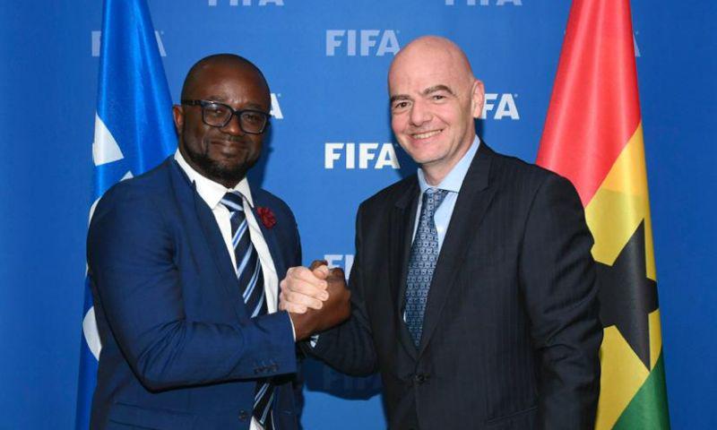 FIFA President Gianni Infantino congratulates President Simeon-Okraku on re-election