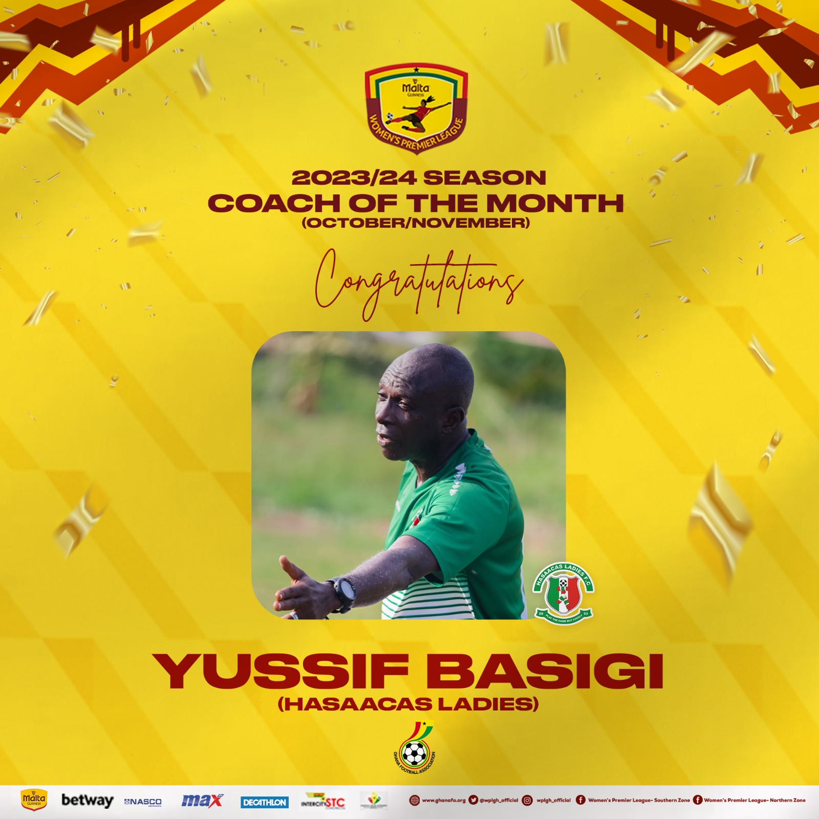 Yussif Basigi wins NASCO Coach of the month for October/November