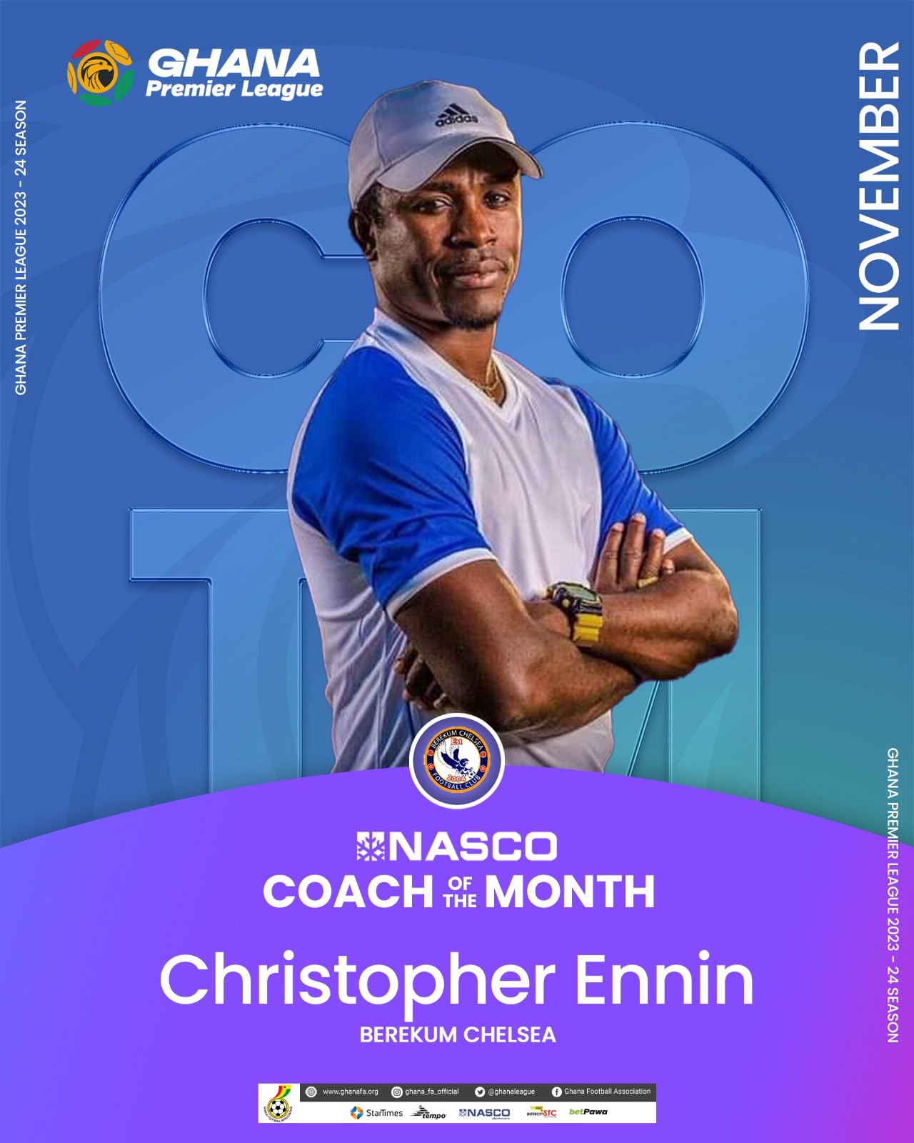 2023/24 GPL: Berekum Chelsea’s Chris Ennin gets NASCO Coach of the Month for November