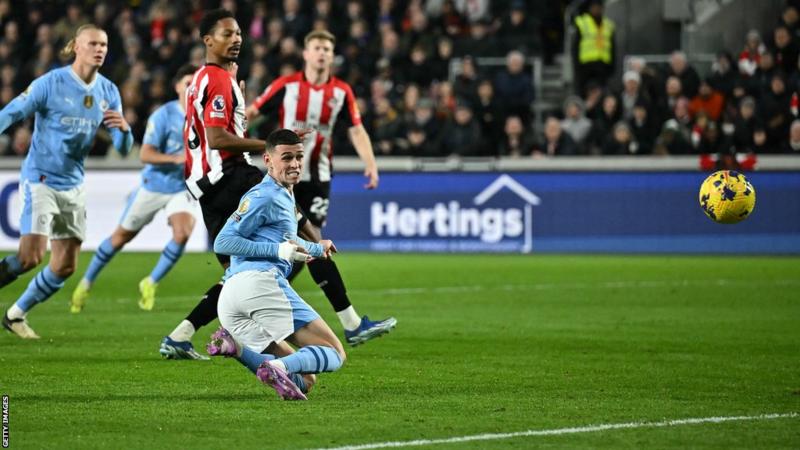 Phil Foden hat-trick at Brentford moves Man City two points off top